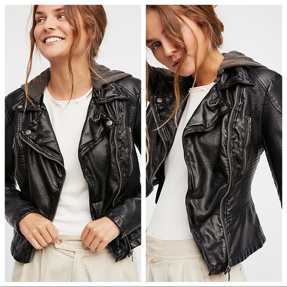 Free People Jackets & Blazers - Free People vegan leather hooded moto jacket sz 4